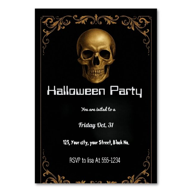 Gold Skull Halloween Party Invitation – Elegant Bl Table Number (Front)