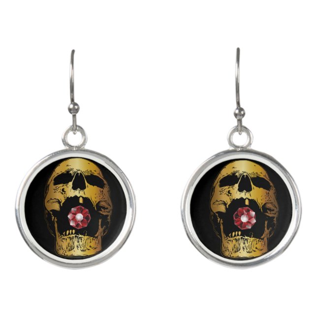 Gold Skull Metallic Design Jewel Ruby Skull Earrings (Front)