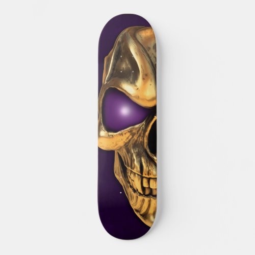 Gold skull with glowing purple eyes skateboard