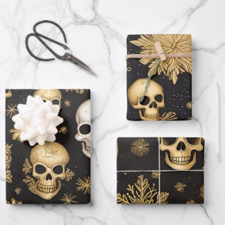 Gold Skulls and Snowflakes Gothic Christmas Wrapping Paper Sheets