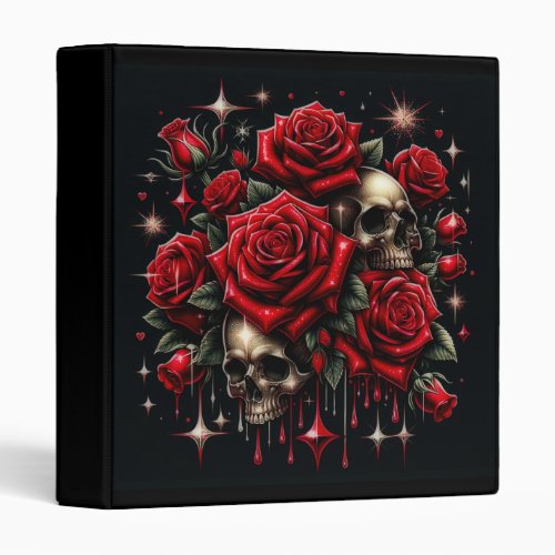 Gold Skulls  Red Roses Sparkle Gothic Glamour 3 Ring Binder