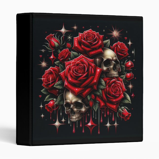 Gold Skulls & Red Roses Sparkle Gothic Glamour 3 Ring Binder (Front/Spine)