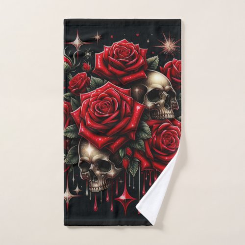 Gold Skulls  Red Roses Sparkle Gothic Glamour Bath Towel Set