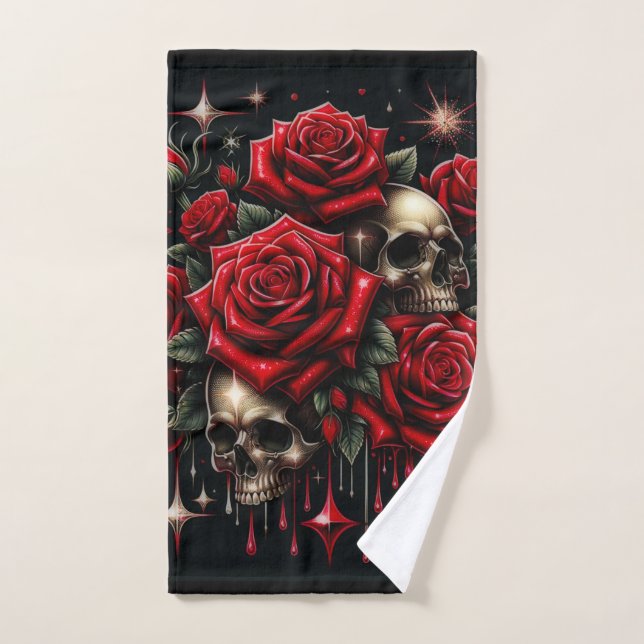 Gold Skulls & Red Roses Sparkle Gothic Glamour Bath Towel Set (Hand Towel)