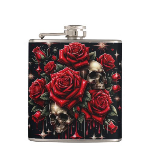 Gold Skulls  Red Roses Sparkle Gothic Glamour Flask
