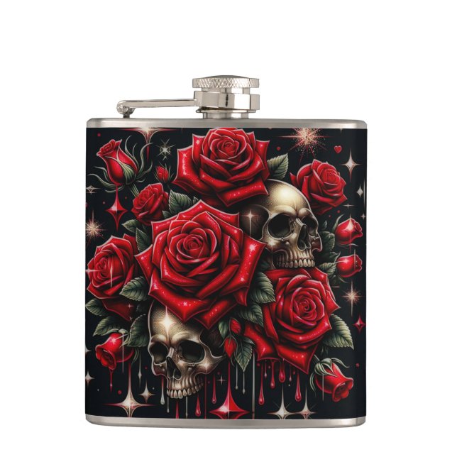 Gold Skulls & Red Roses Sparkle Gothic Glamour Flask (Front)