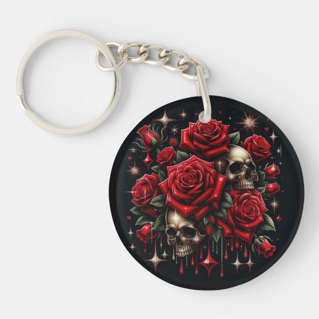 Gold Skulls & Red Roses Sparkle Gothic Glamour Keychain (Front)