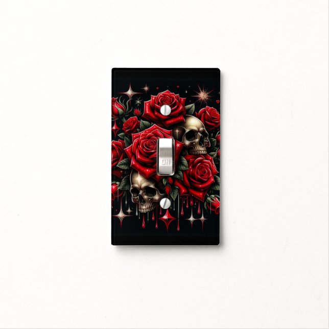 Gold Skulls & Red Roses Sparkle Gothic Glamour Light Switch Cover (In Situ)