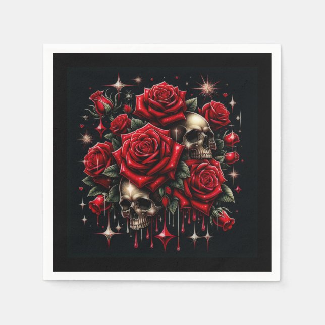 Gold Skulls & Red Roses Sparkle Gothic Glamour Napkins (Front)