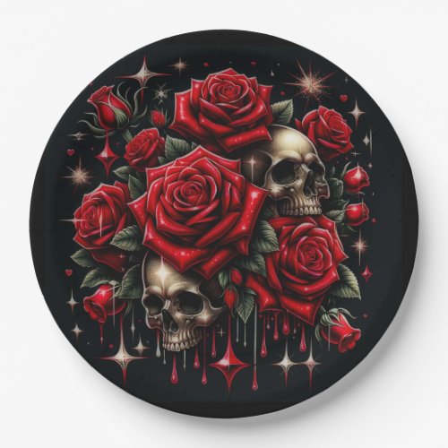 Gold Skulls  Red Roses Sparkle Gothic Glamour Paper Plates