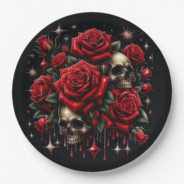 Gold Skulls & Red Roses Sparkle Gothic Glamour Paper Plates (Front)