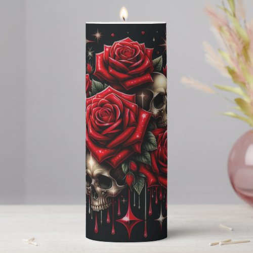 Gold Skulls  Red Roses Sparkle Gothic Glamour Pillar Candle