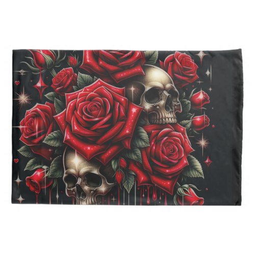 Gold Skulls  Red Roses Sparkle Gothic Glamour Pillow Case