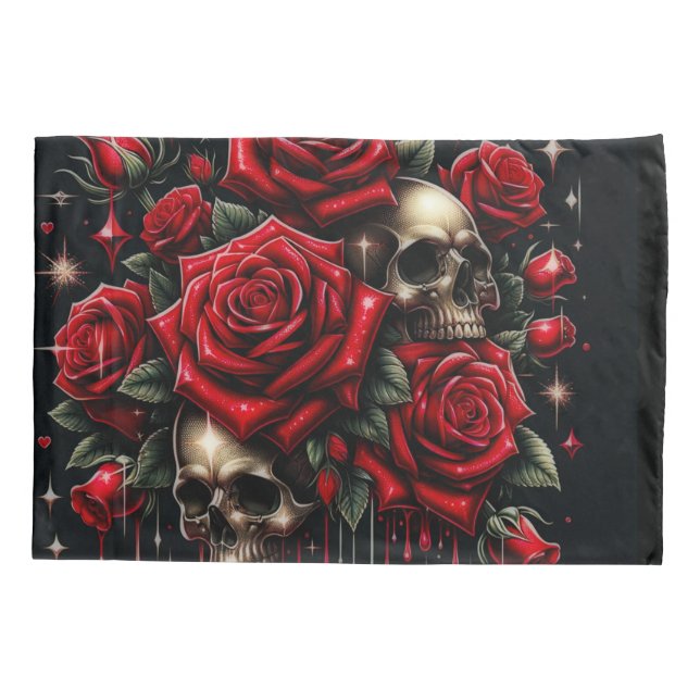 Gold Skulls & Red Roses Sparkle Gothic Glamour Pillow Case (Back)