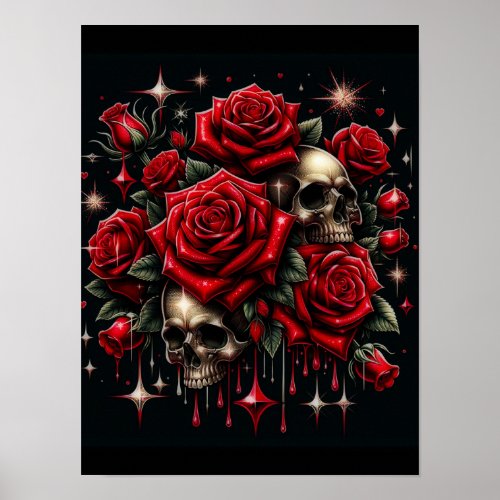 Gold Skulls  Red Roses Sparkle Gothic Glamour Poster