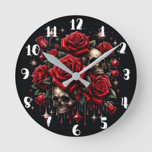 Gold Skulls  Red Roses Sparkle Gothic Glamour Round Clock
