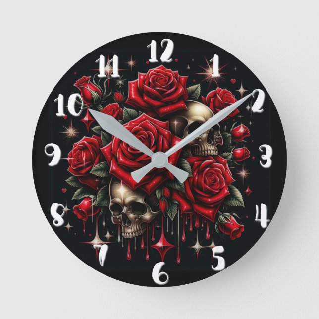 Gold Skulls & Red Roses Sparkle Gothic Glamour Round Clock (Front)