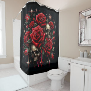 Gold Skulls & Red Roses Sparkle Gothic Glamour Shower Curtain