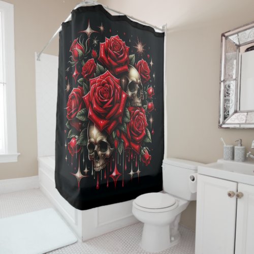 Gold Skulls  Red Roses Sparkle Gothic Glamour Shower Curtain