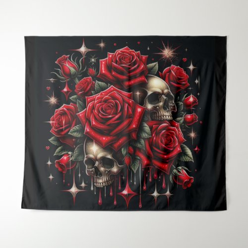 Gold Skulls  Red Roses Sparkle Gothic Glamour Tapestry