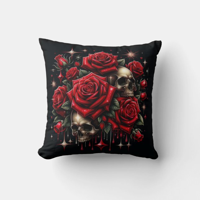 Gold Skulls & Red Roses Sparkle Gothic Glamour Throw Pillow (Front)