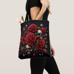 Gold Skulls & Red Roses Sparkle Gothic Glamour Tote Bag
