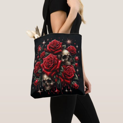 Gold Skulls  Red Roses Sparkle Gothic Glamour Tote Bag