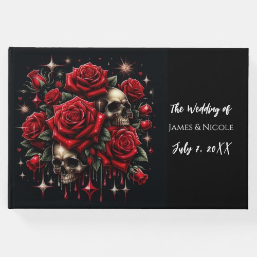 Gold Skulls  Red Roses Sparkle Gothic Wedding Guest Book