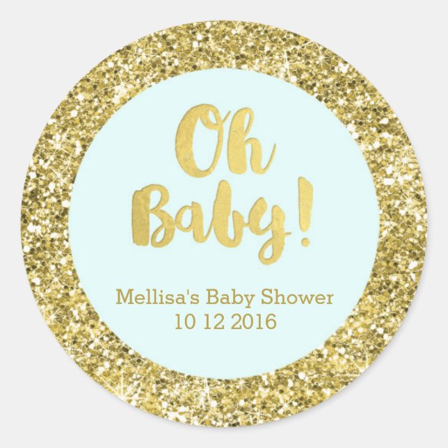 Gold Sky Blue Baby Shower Oh Baby Favor Sticker (Front)