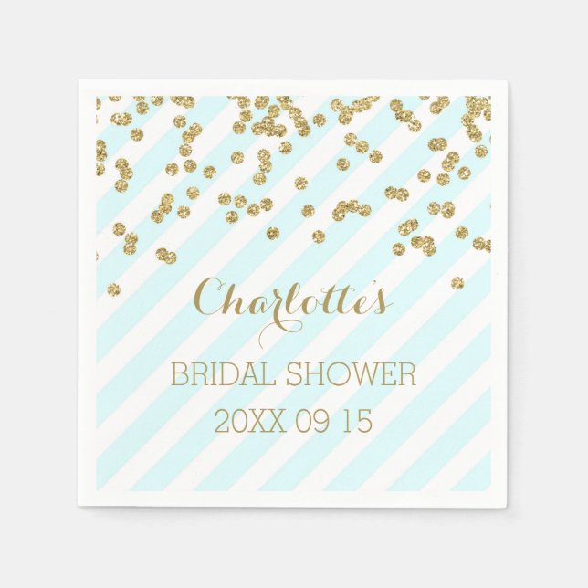 Gold Sky Blue Confetti Stripes Bridal Shower Paper Napkins (Front)