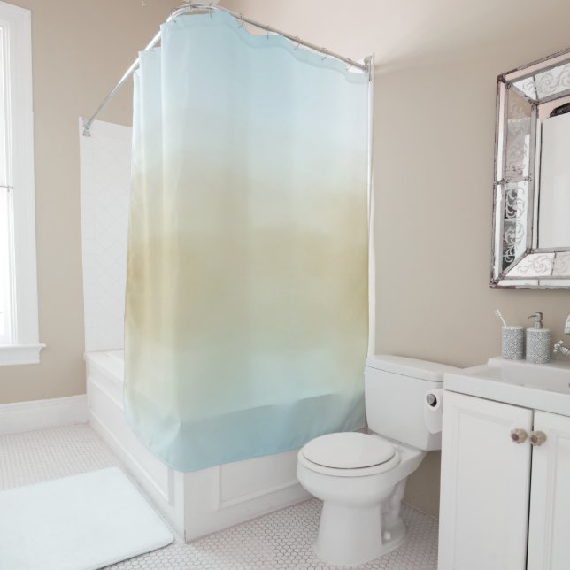 Gold Sky Blue Ombre Watercolor Shower Curtain (In Situ)
