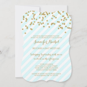 Gold Sky Blue Stripes Bat Mitzvah Invitations
