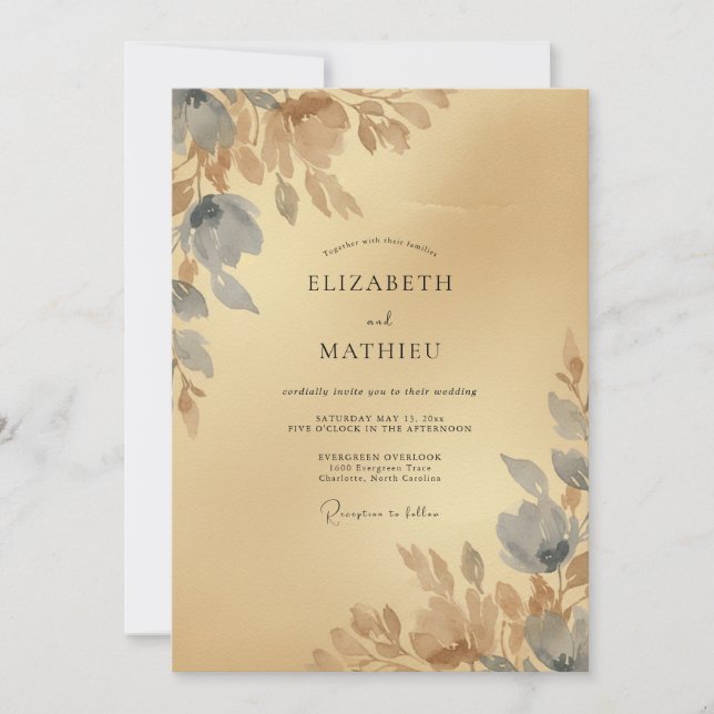 Gold Slate Leafy Wedding Invitation (Front)