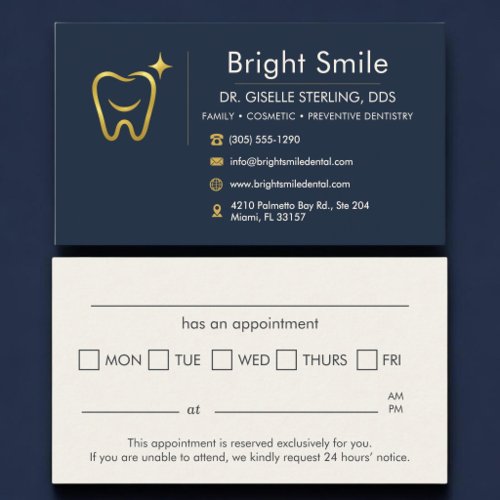 Gold Smile Tooth Navy Blue Dentist Appointment Card