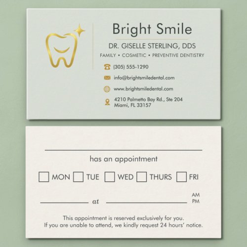 Gold Smile Tooth Sage Green Dentist Appointment Card