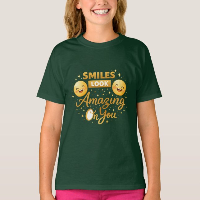 Gold “Smiles Look Amazing On You” Girls’ T-Shirt (Front)