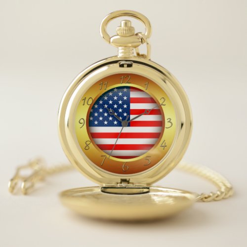 Gold smooth frame with a American nation flag 2b Pocket Watch