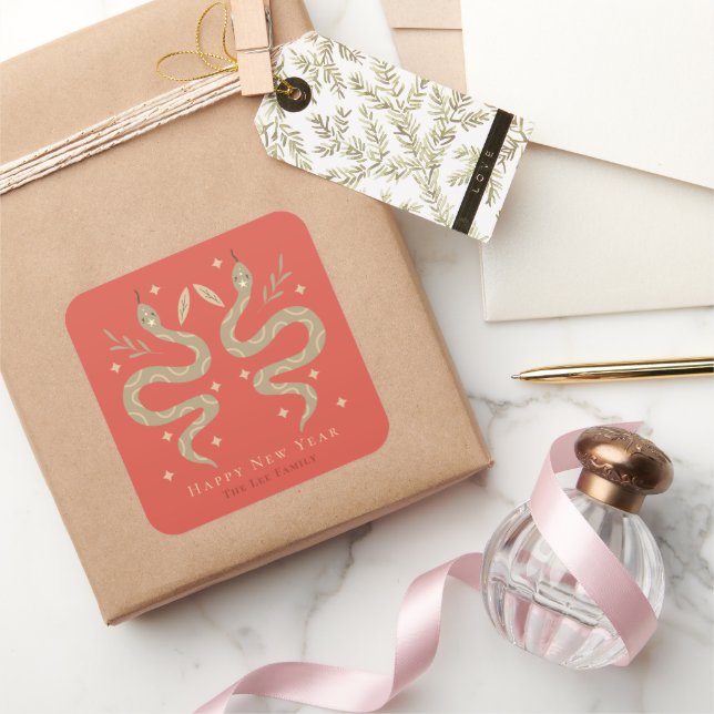 Gold Snakes Red Happy Chinese New Year Square Sticker (Gifting)