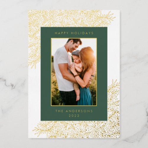 Gold Snow Botanical Frame Text Photo Happy Foil Holiday Card