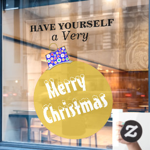 Gold Snow Capped Ornament Ball Merry Christmas Window Cling