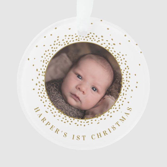 Gold Snow Circle Baby's First Christmas Photo Ornament (Front)