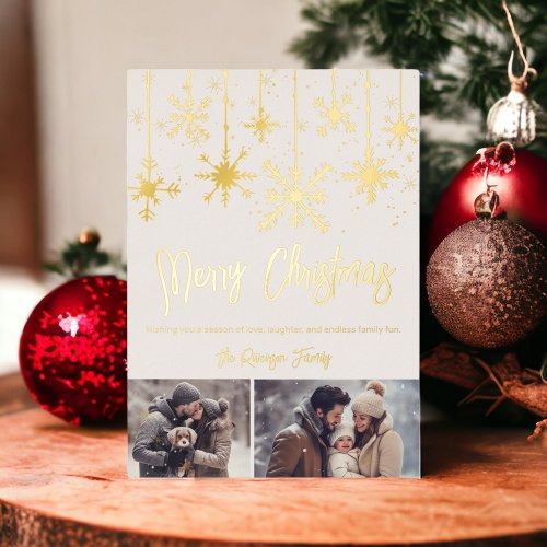 gold snow elegant beige merry christmas 2 photos foil invitation