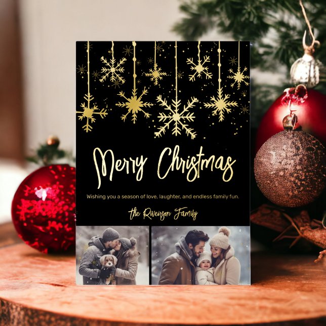 gold snow elegant black merry christmas 2 photos foil invitation (gold snow elegant black merry christmas 2 photos foil invitation)