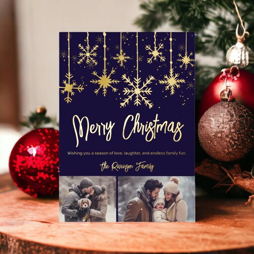 gold snow elegant navy merry christmas 2 photos foil invitation