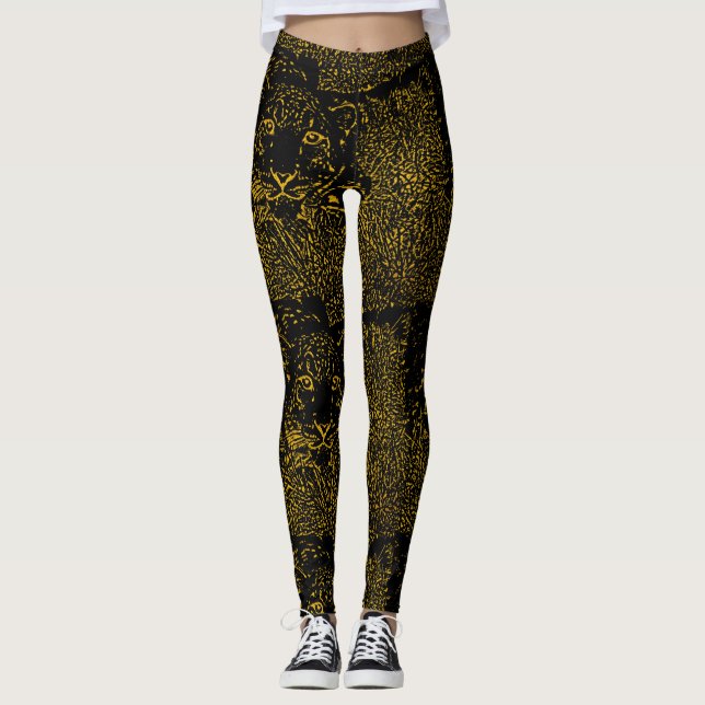 Gold Snow Leopard on Black Leggings (Front)