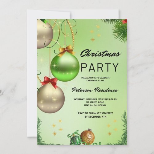 Gold Snow Pine Green  Christmas  Invitation