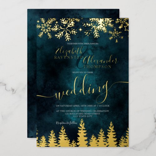 Gold snow pine green Christmas winter wedding Foil Invitation