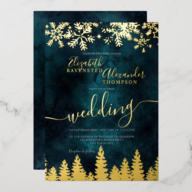 Gold snow pine green Christmas winter wedding Foil Invitation (Front/Back)