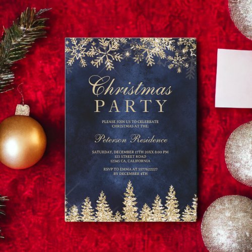 gold snow pine navy blue chic corporate Christmas Invitation