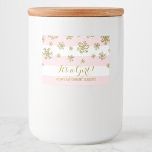 Gold Snow Pink Stripes Winter Baby Shower Food Label
